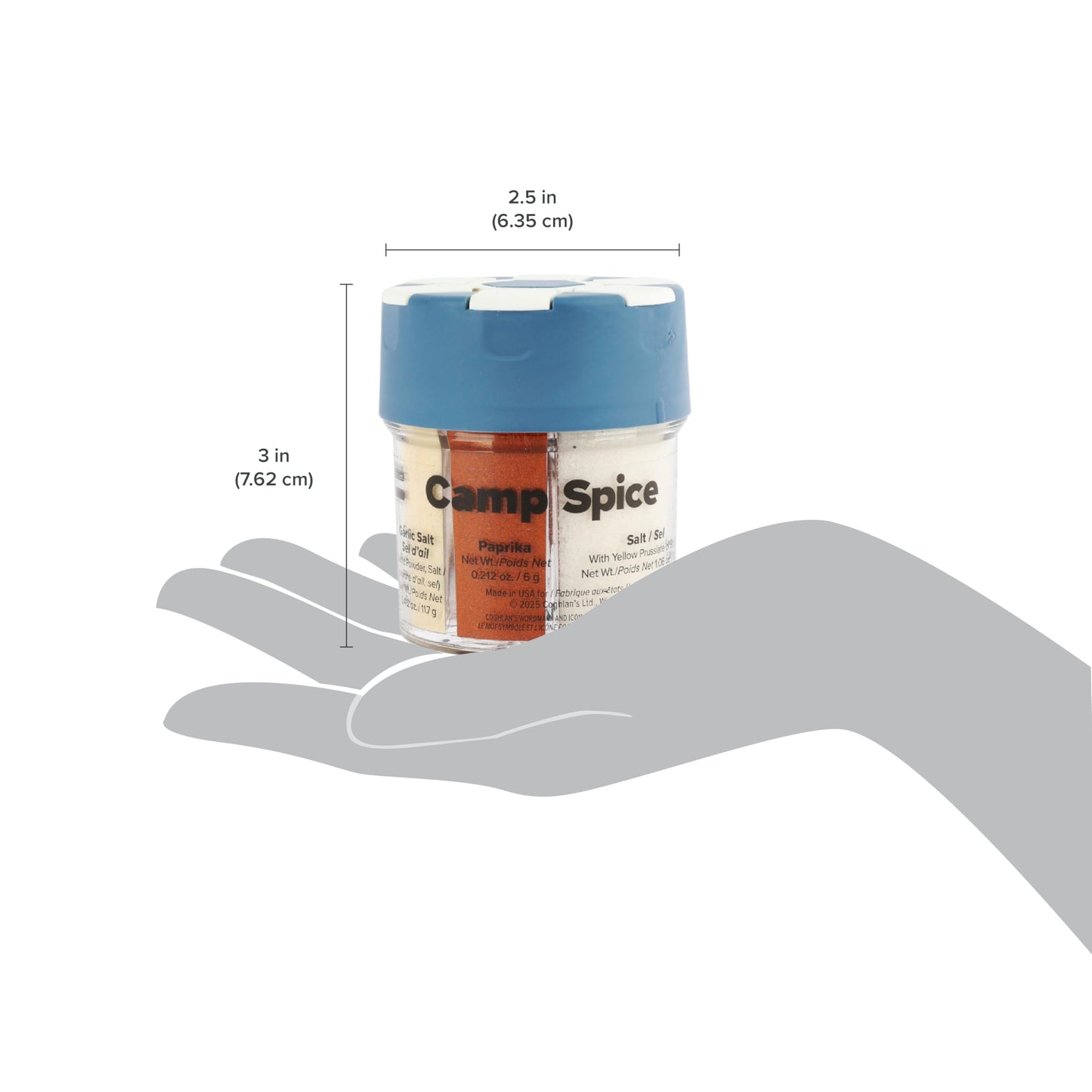 Coghlan’s Camp Spice – 6-in-1 Spice Shaker with Cayenne, Oregano, Garlic Salt, Paprika, Salt & Black Pepper – Compact Seasoning for Camping, BBQs, Travel, Home Kitchens – Made in USA