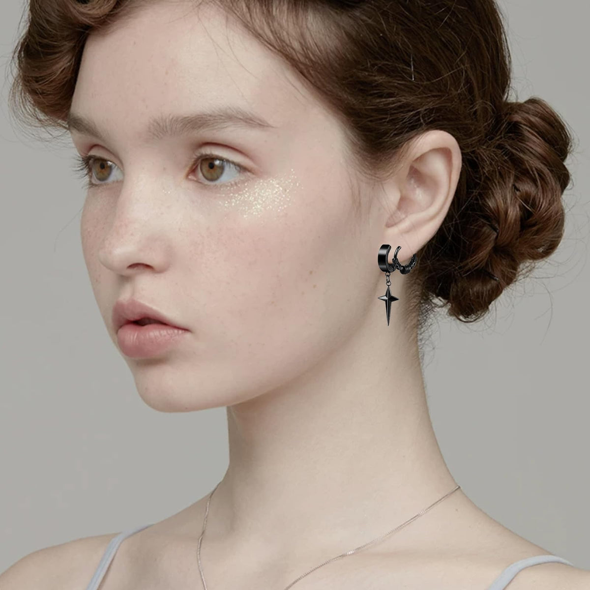 14 Pcs Black Gothic Viking Non Pierced Cross Sword Spike Awl Peace Dangle Chain Clip on Hoop Earrings Set for Unisex Fake Piercing CZ Earrings