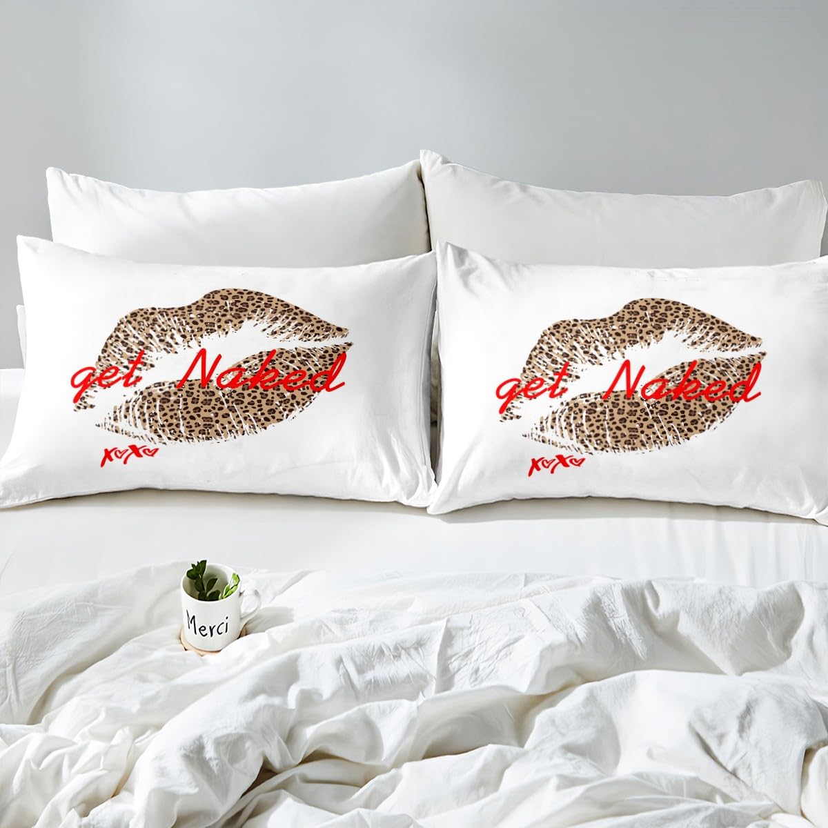 Feelyou Funny Get Naked Bedding Set Girls Lady Women Leopard Pattern Lips Comforter Cover Couple Lover Romantic Duvet Cover White Red Brown Kiss Bedspread King Size Bedding Collection (No Comforter)