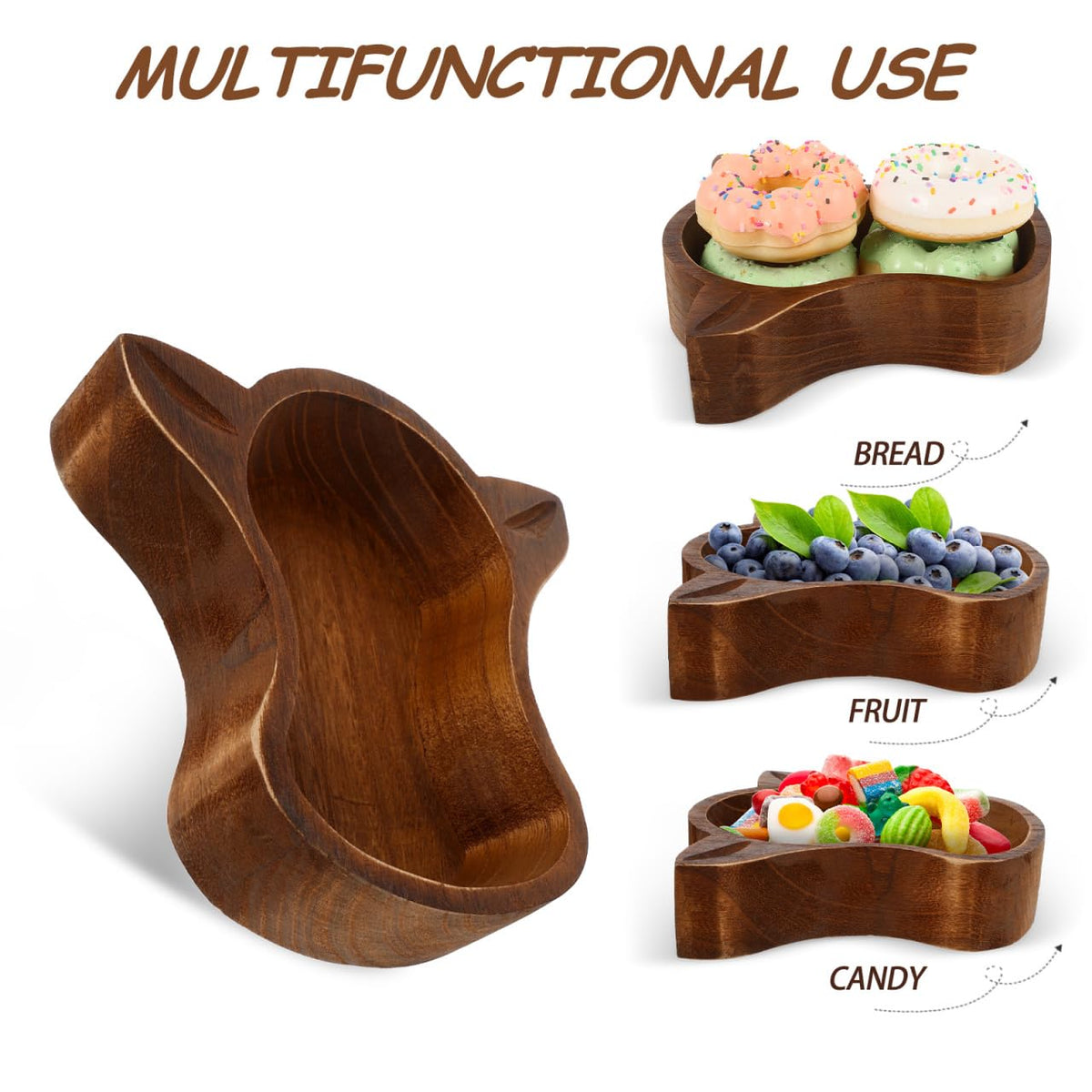 PRETYZOOM Cow Head Wood Serving Bowl 7.75 Inch Rustic Fruit Bowl Nut Dish Decorative Snack Plate for Home Kitchen Dining