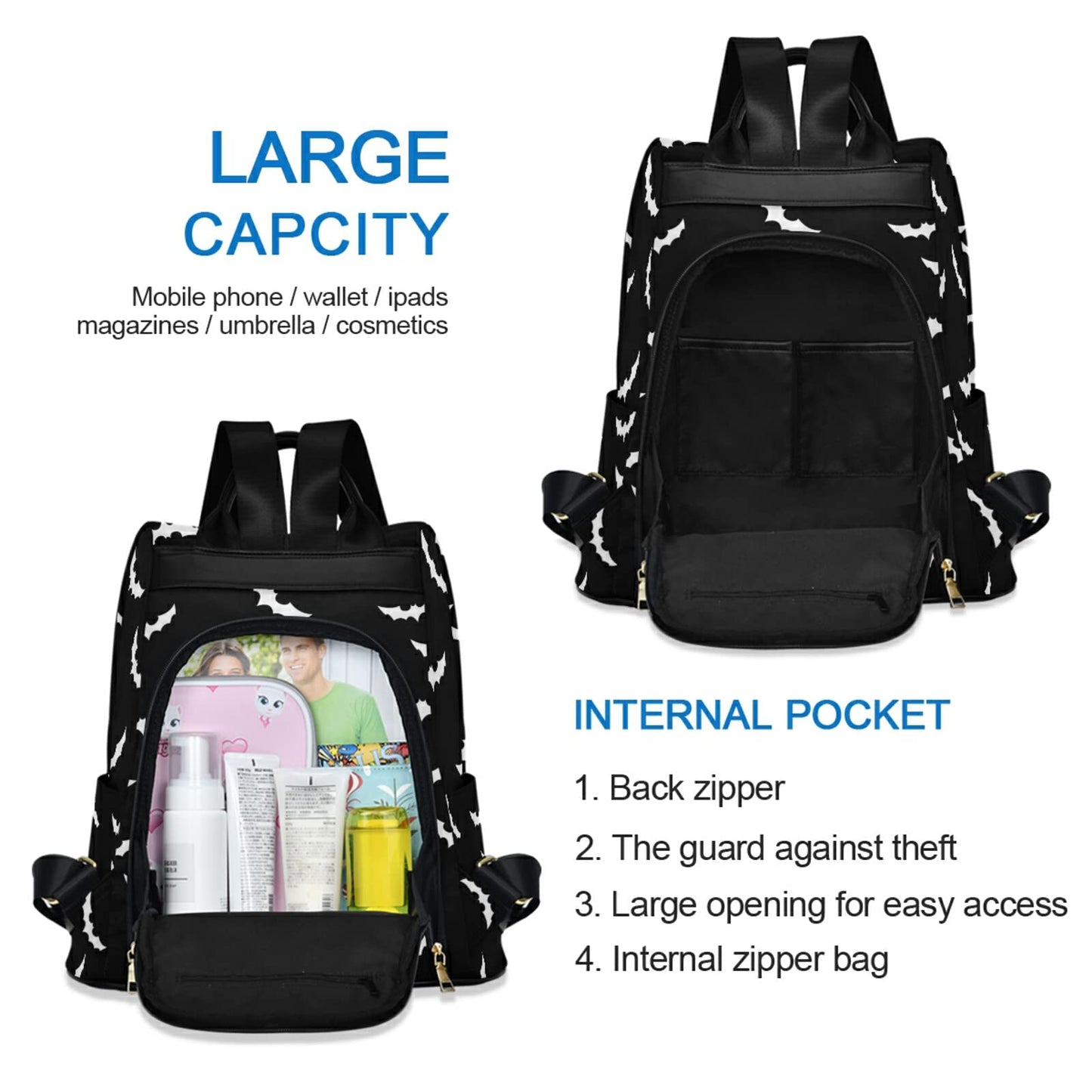 CBBYY Bats Halloween Backpack Purse for Women Nylon Anti-theft Travel Backpack Lightweight Shoulder Bag with Plush Ball Keychain