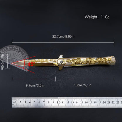 SAIYM Rose Relief Pocket Knife, Elegant EDC Folding Tactical Knife Blade 3.8in for Outdoor Survival Camping Hiking Gift for Adults Men Women, Golden
