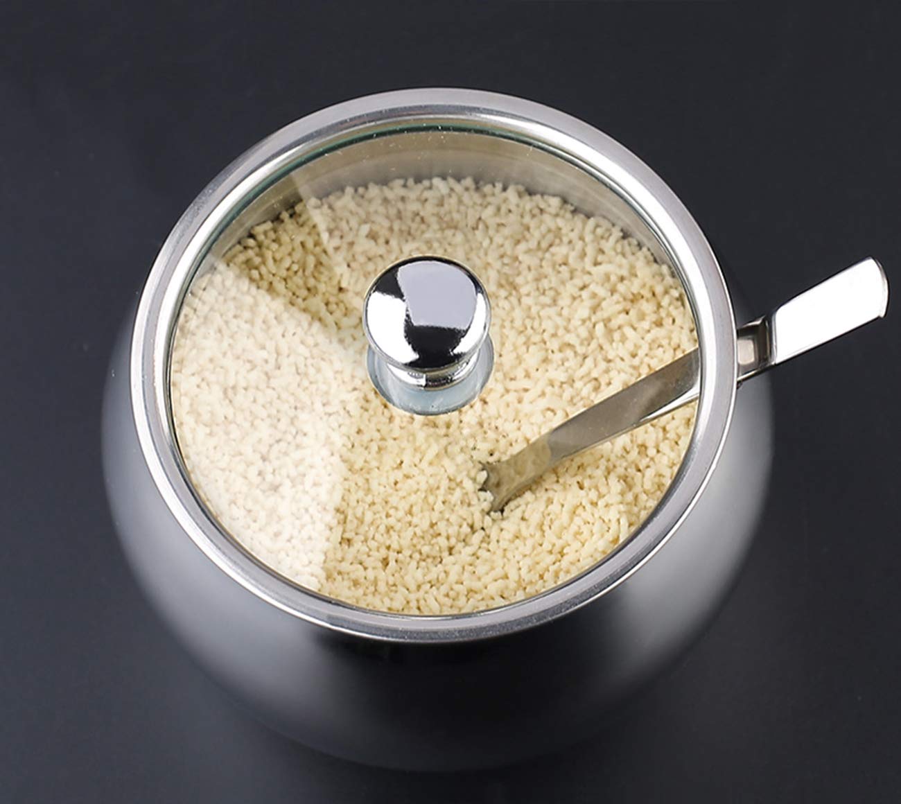 KEMIYIXIAN 2 Stainless Steel Sugar Bowl with Lid Spoon and Tray, Polished Shiny Condiment Pots for Serving Sugar Pepper Salt Spice- 330ml/ 11.6 Oz