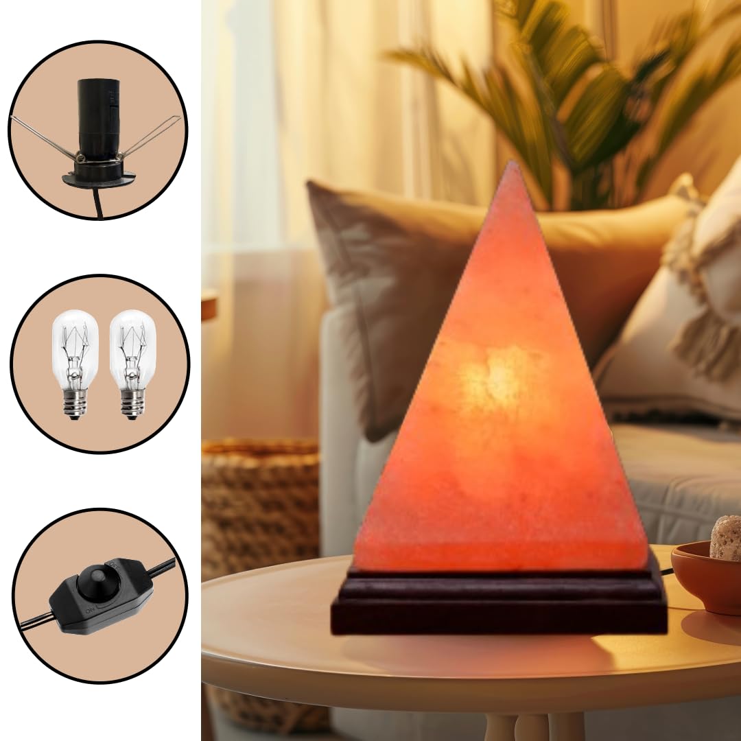 NB Himalayan Pink Salt Pyramid Lamp – Hand-Carved Crystal Rock Salt Lamp with Dimmer Switch & 2 Bulbs – Natural Wellness Light from Pakistan – Amber Glow for Home, Office & Meditation Space