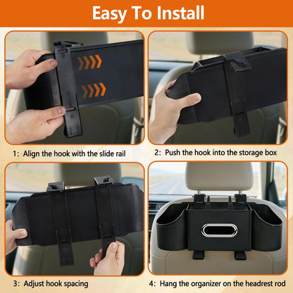 SEILETOO Back Seat Car Organizer with Car Seat Storage Hanging Bag, 4 in 1 Multifunctional Car Seat Back Storage Box, Car Organizer Back Seat with Tray, Hold Phone,Snacks, Drinks, Handbag