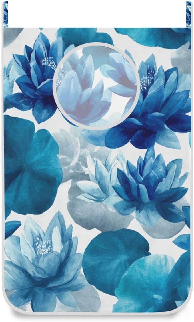 Ink Blue Lotus Flower Hanging Laundry Hamper Door Hampers Bag Basket
