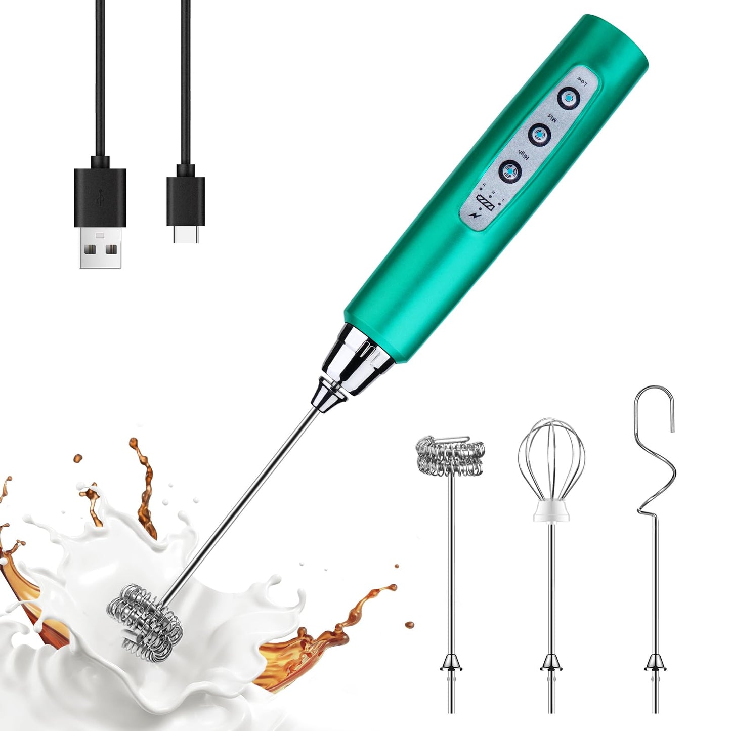YUSWKO Black Handheld Milk Frother Wand for Coffee, Rechargeable Electric Whisk with 3 Heads 3 Speeds Drink Mixer Coffee Frother For Latte, Cappuccino, Hot Chocolate, Egg