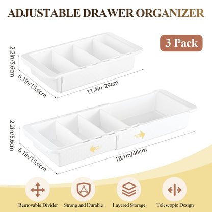 BrightRow 3 Pcs Expandable Drawer Organizer Bins Adjustable Deep Drawer Hanging Organizer Tray Expandable 11.4 to 18.1 Inches Plastic Dividers Storage for Office Bathroom Bedroom Kitchen Desk, White