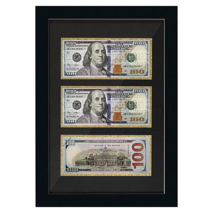 HUICAPTYI 3-Opening Dollar Bill Frame with Black Mat, Desktop Easel Stand & Wall Mount, Solid Wood Shadow Box for Currency & Money Display Case (gold border)