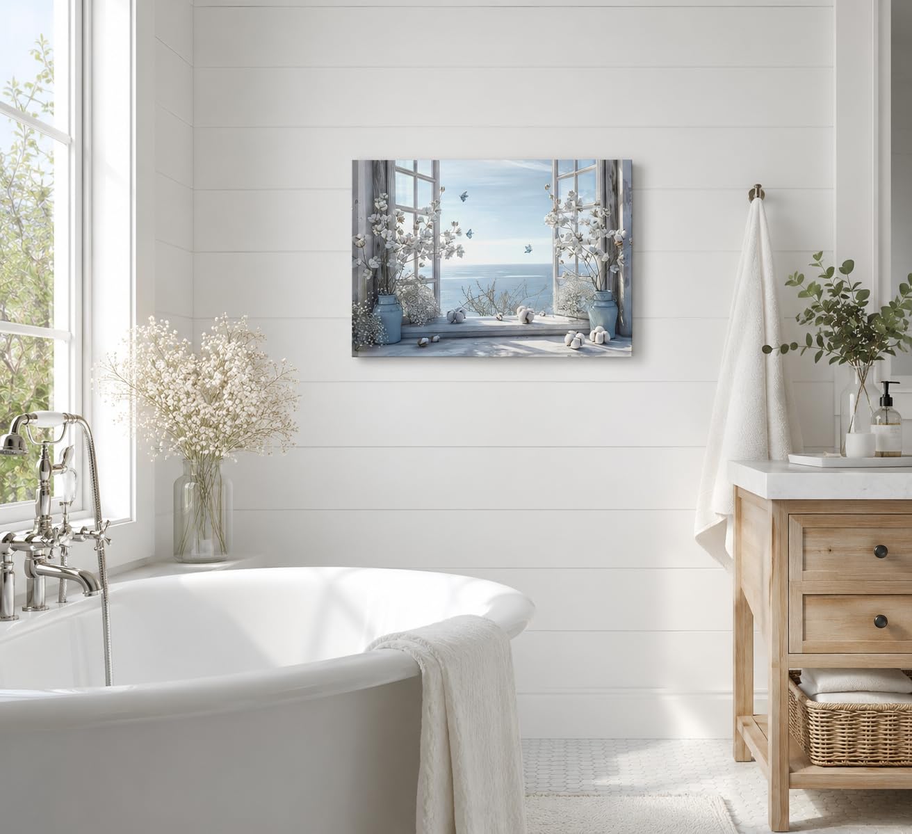 Coastal Flower Bathroom Canvas Wall Art Farmhouse Cotton Bouquet and Butterfly Bathroom on Window Wall Decor Rustic Blue Beach Butterfly Poster Print for Living Room Bedroom Restroom Home Decoration