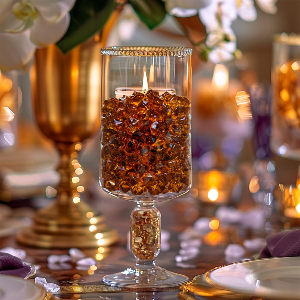 HappyFiller 700 PCS Pack Dark Amber Fake Ice Rocks Small Crystal Cube Stones Fake Diamonds for Vase Fillers,Resin Arts Crafts,Home Accents Floral Decor,Table Scatters,Photo Props