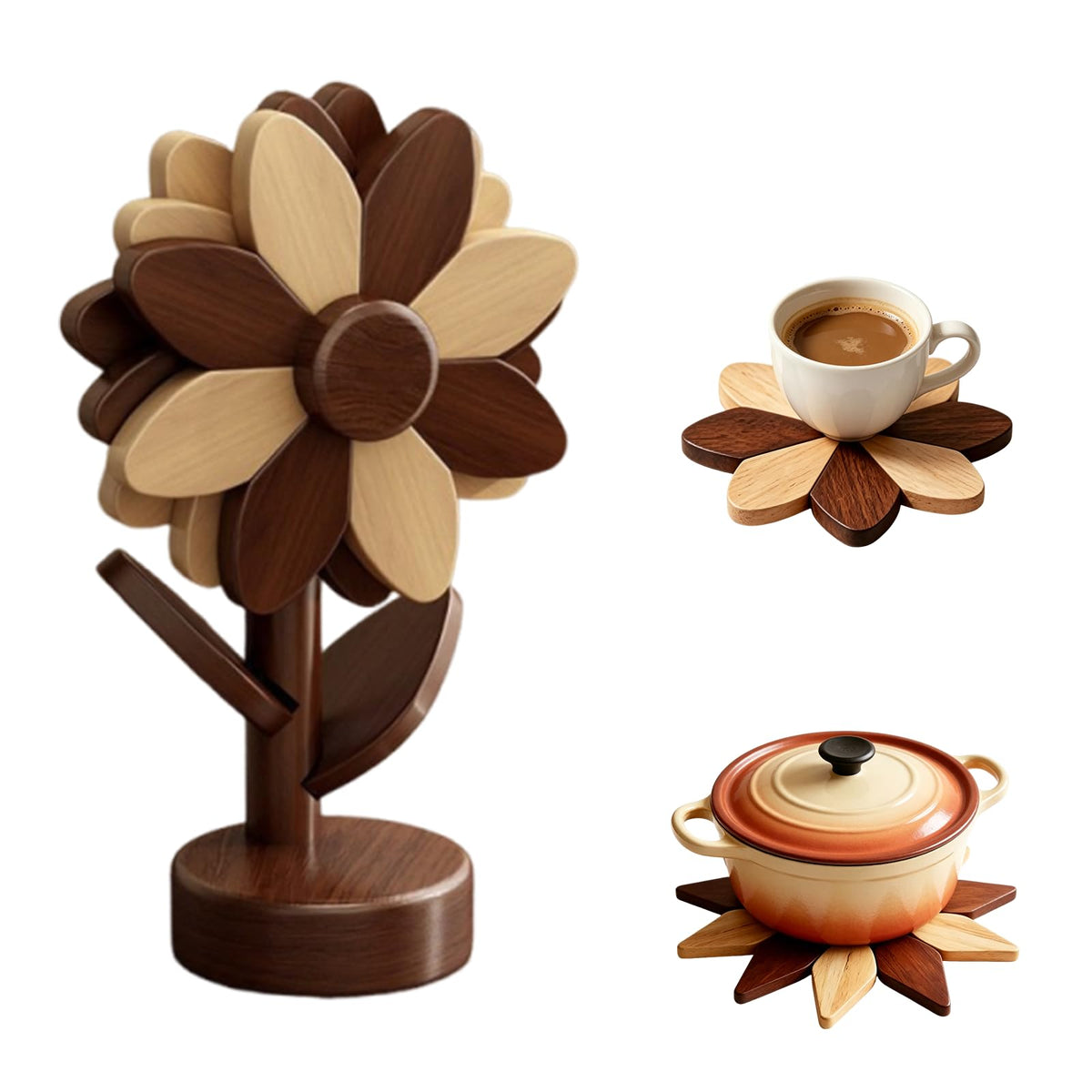 Wooden Trivets for Hot Dishes, 3-Piece Foldable Sunflower Coaster Set with Tree Stand, Heat Resistant Pot Holders for Pots, Pans and Countertops