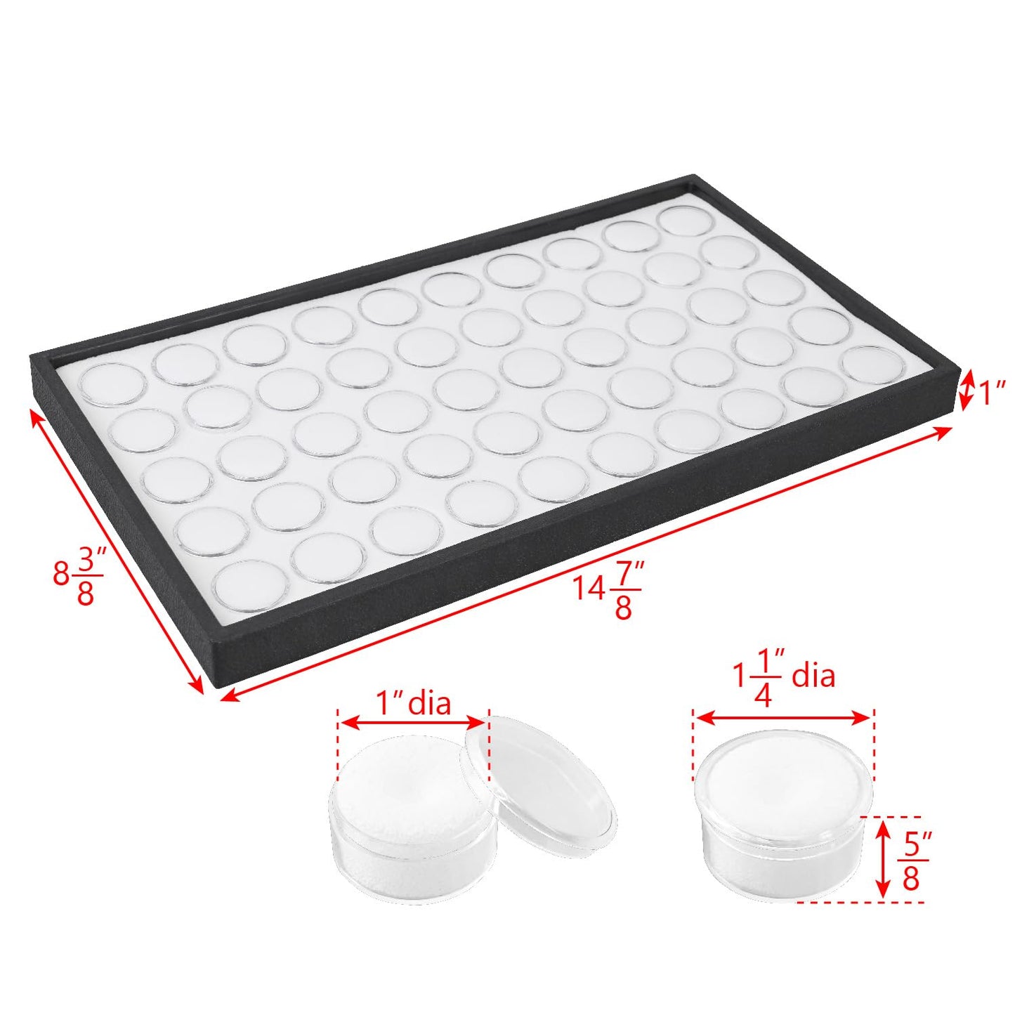 Ikee Design White Foam Gem Jars Showcase Stackable Display Tray for Collectibles, Home Organization Storage Box with 50 Gemstones and Bead Storage Jars, White Foam/Black Tray