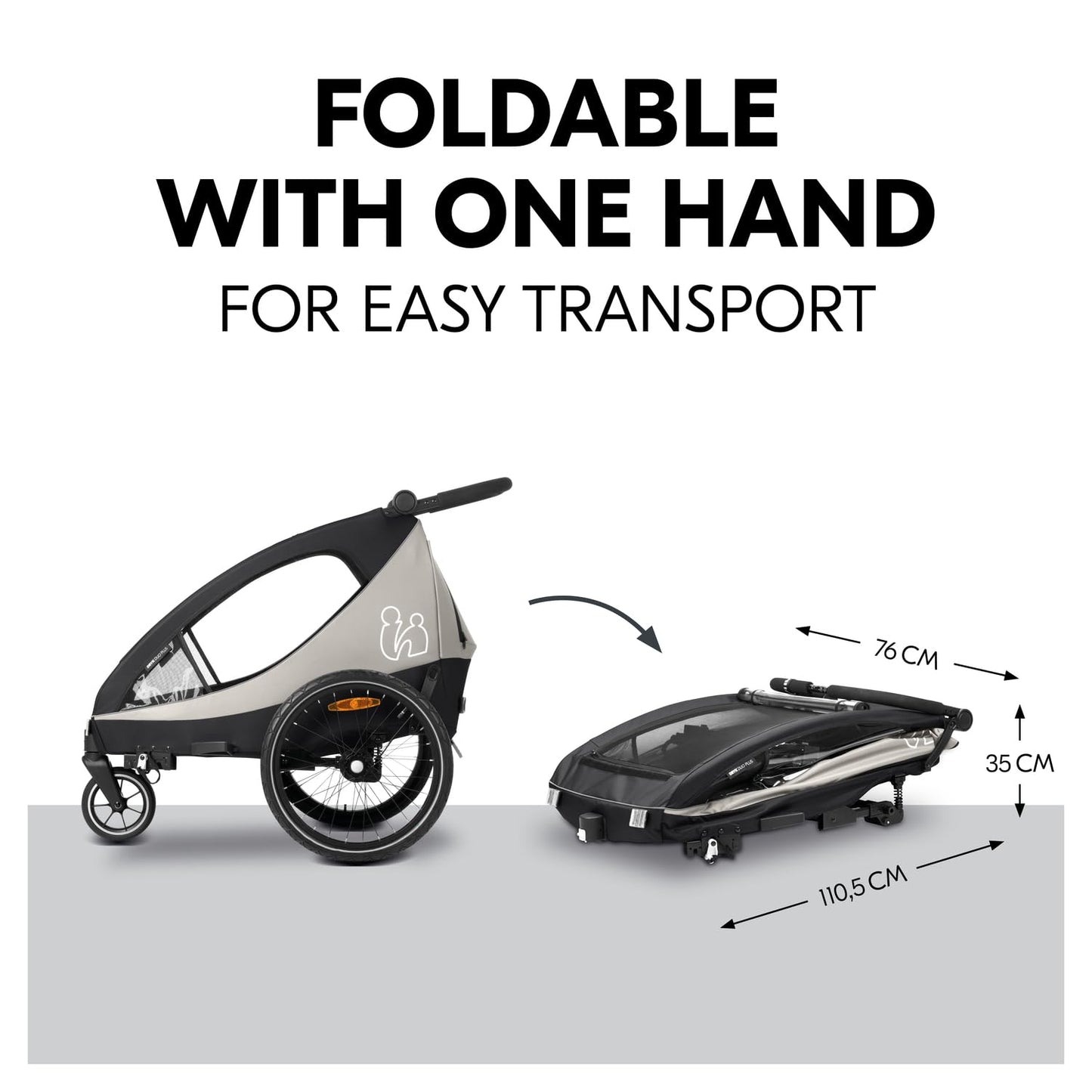 hauck Dryk Duo Plus, Black - 2in1 Kids Bike Trailer & Pushchair with Suspension 2 Seats Folding Bicycle Trailer with XL Storage, Tow Bar, Hitch, Pennant, Stroller Wheel & LED Rear Light