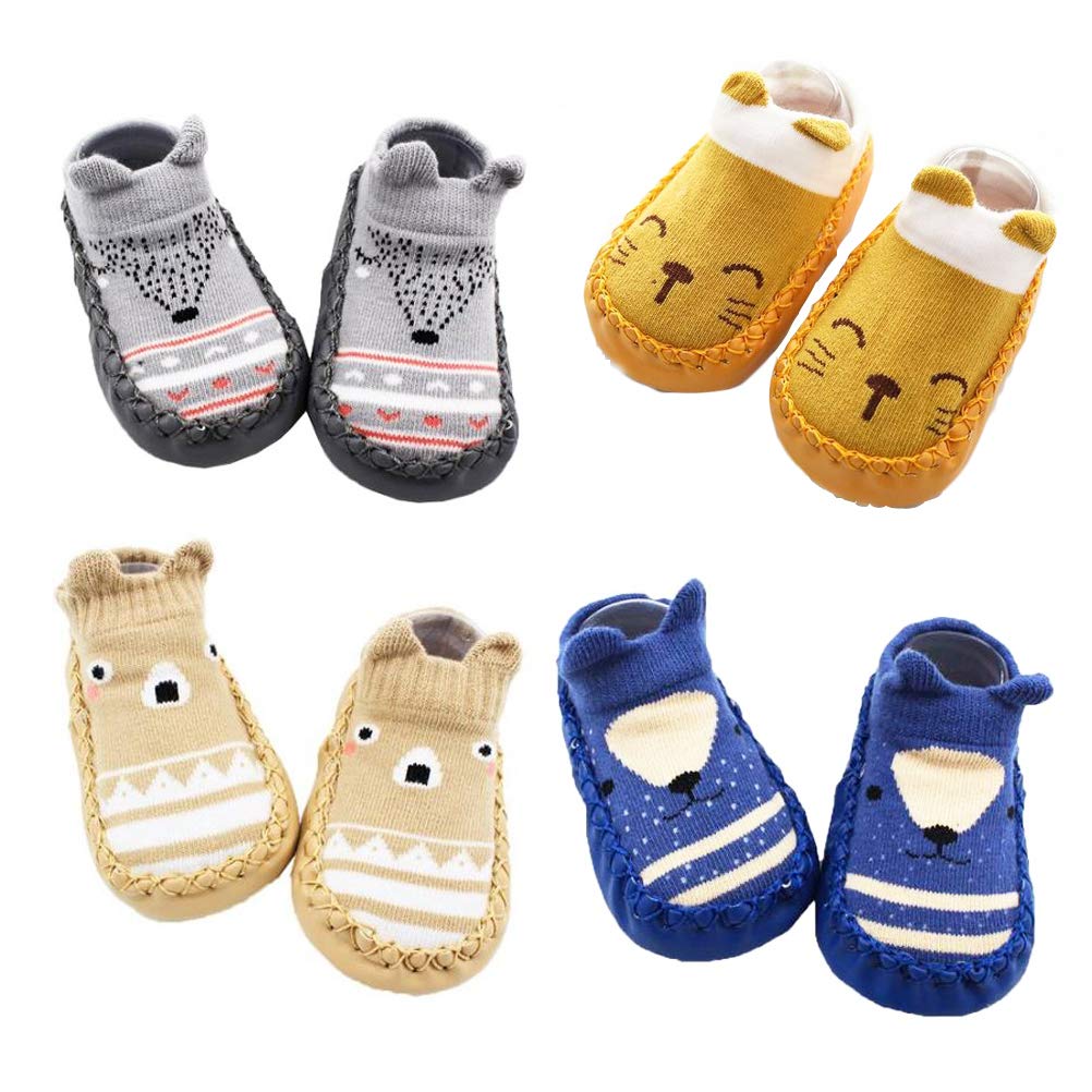 XM-Amigo 4 Pairs of Baby Boys Girls Indoor Slippers Anti-Slip Socks Shoes, Blue Set01, 12-18 Months