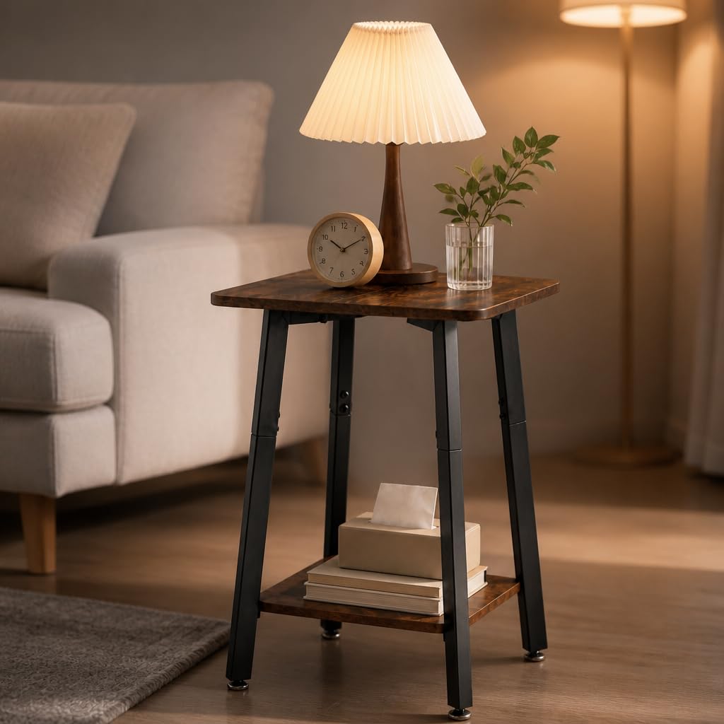 King Oasis Small Side Table for Small Spaces, 2-Tier End Table with Storage Shelf, 15.7-Inch Square Wood and Metal Nightstand for Living Room or Bedroom, Rustic Brown