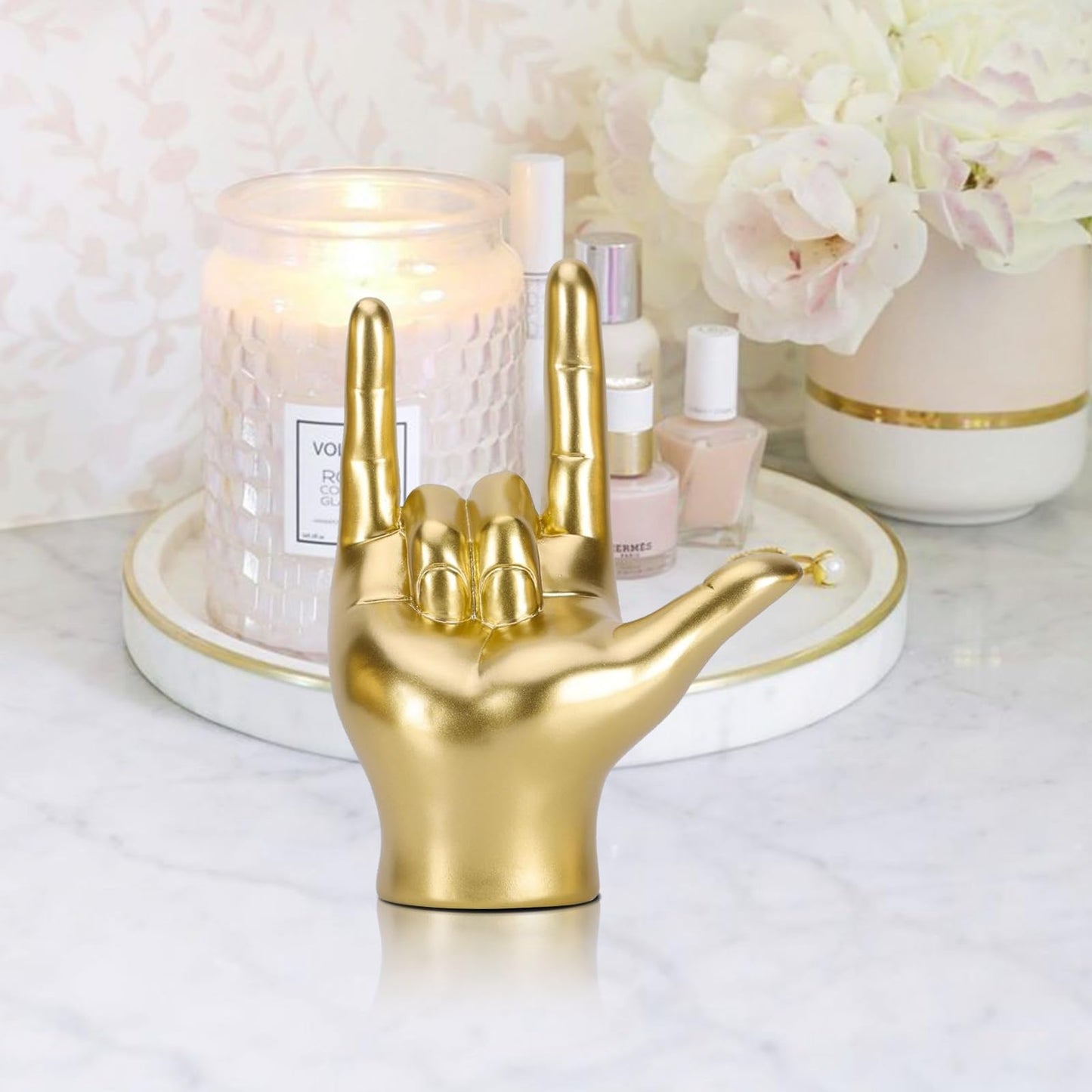 Gold I Love You Hand Sign Gesture Statue Rock and Roll Culture Hands Decor