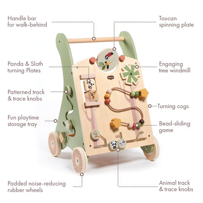 Tiny Love Wooden Baby Walker, Activity Walk Behind, 2-in-1 Activity Walker, 12 Interactive Activities, Supports Motor Skills, Cognitive Development, Comfortable Natural Design, 18+ Months, Boho Chic