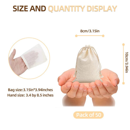 Irich 50 Pack Cotton Muslin Bags, Reusable Tea Bags with Drawstring, Small Cheesecloth Bags for Cooking, Soup, Tea Coffee Filter, Spice Storage (8 * 10cm)