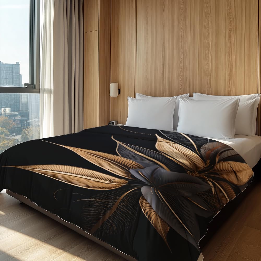 HUNXIAOJ Black and Gold Throw Blanket Abstract Print Blanket Gold Leaves Throw Abstract Bedding Warm Soft Flannel for Adults Bed Sofa Couch (50 in x 60 in)