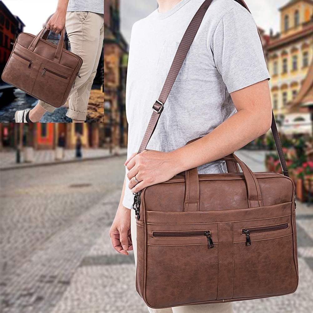 seyfocnia Men's Business Travel Briefcase Leather Messenger Bags Laptop Bag 17.3 inch Work Computer Bag Satchel Bag (Brown)