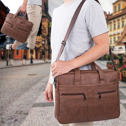 seyfocnia Men's Business Travel Briefcase Leather Messenger Bags Laptop Bag 17.3 inch Work Computer Bag Satchel Bag (Brown)