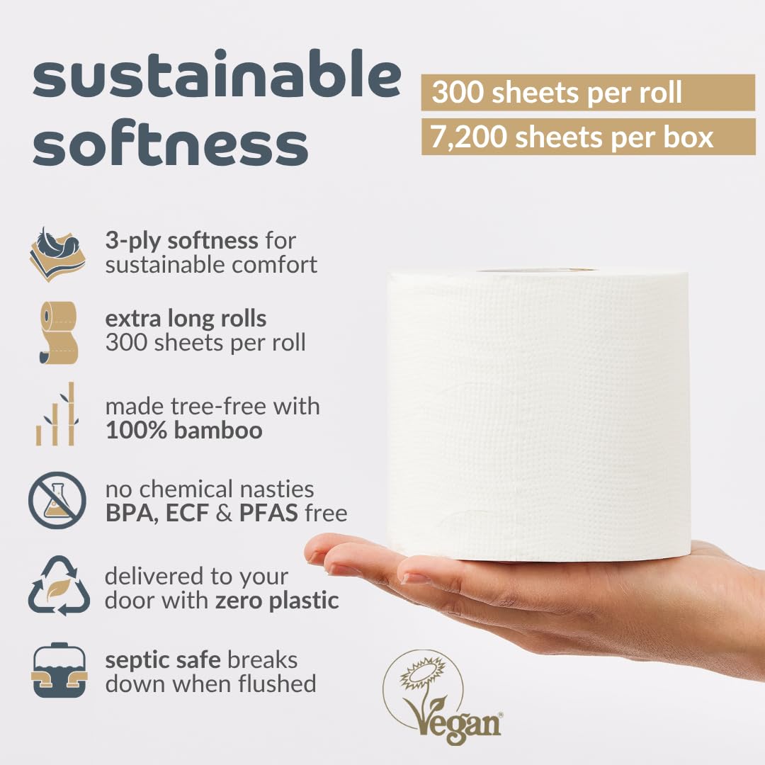 Bumboo Bamboo Toilet Roll 24 Pack | Toilet Paper 3 ply, 300 Sheets | Organic Eco Toilet Paper | Plastic-Free, Soft, Strong, Sustainable & Biodegradable Toilet Tissue