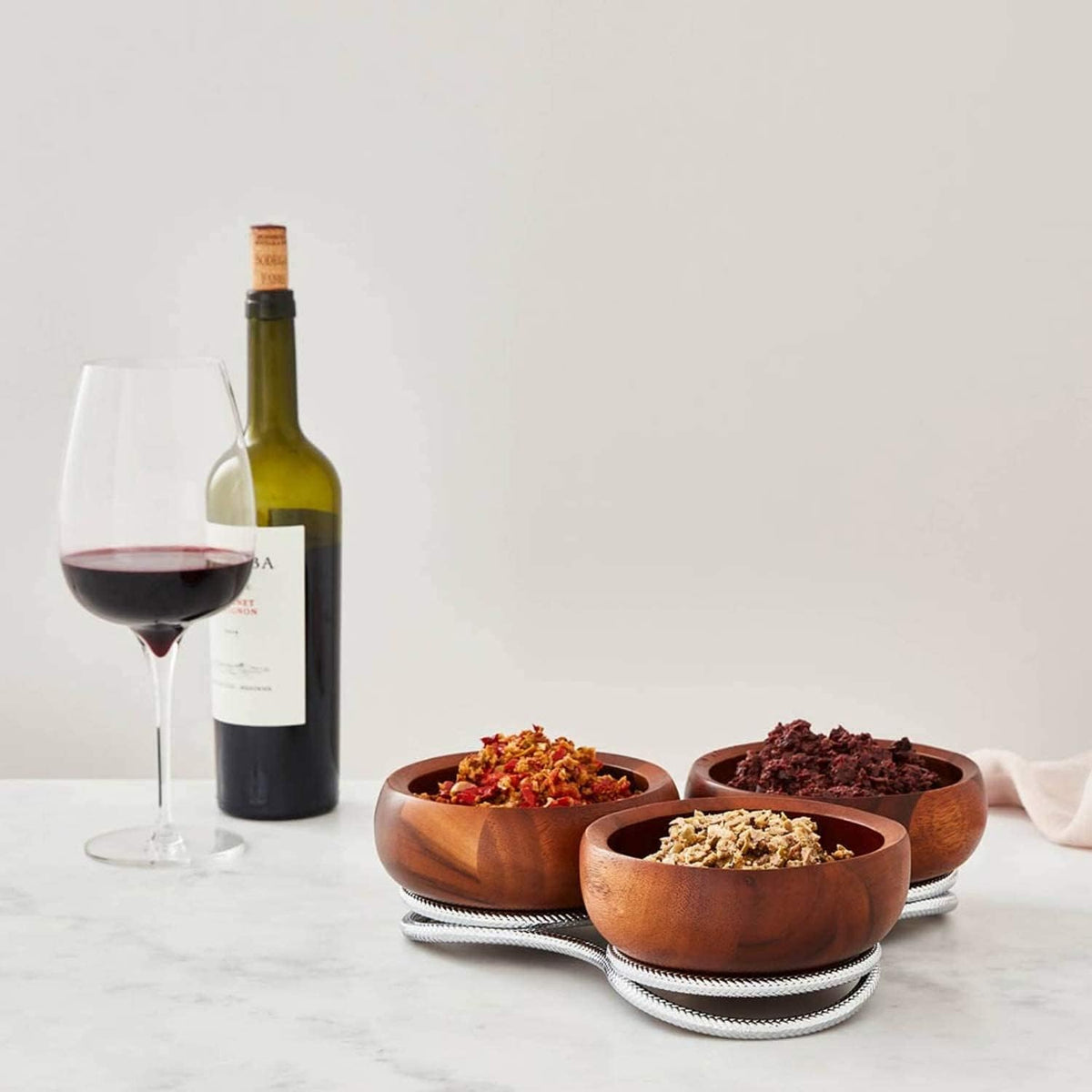 nambe Braid Condiment Server | Serving Bowl for Side Dishes, Dips, Appetizers | Chrome Base | Acacia Wood Dip Bowls | 3 Piece Serving Set | 12-Ounce Bowls