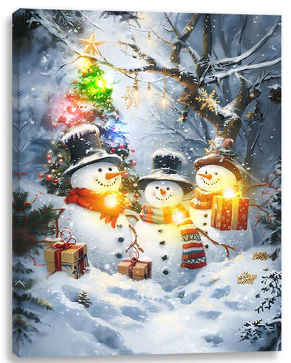 alottagifts Snowman Christmas Lighted Canvas Wall Art Print 16" x 12" With Timer | LED Canvas Wall Art Print Design Picture | Modern Artwork for Living Room (Snowman Family Gifts, 16" x 12")