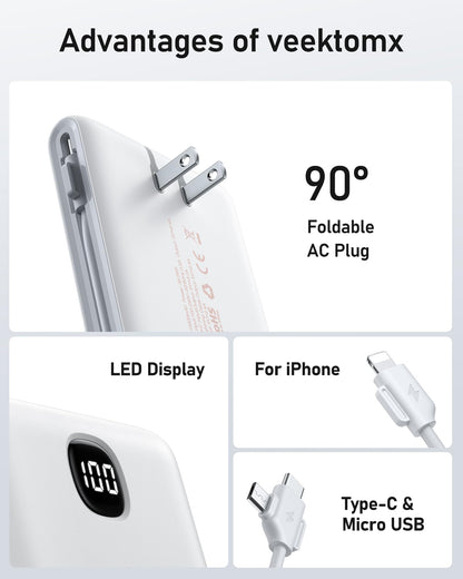 VEEKTOMX Portable Charger with Built in Cables 10000mAh, Power Bank for iPhone with Wall Plug, Travel Essential Fast Charging USB C Slim External Battery Pack for iPhone16/15/14, Samsung, iPad, etc