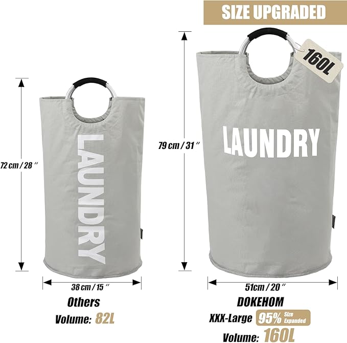 DOKEHOM 160L XX-Large Laundry Basket, Collapsible Laundry Bag, Foldable Laundry