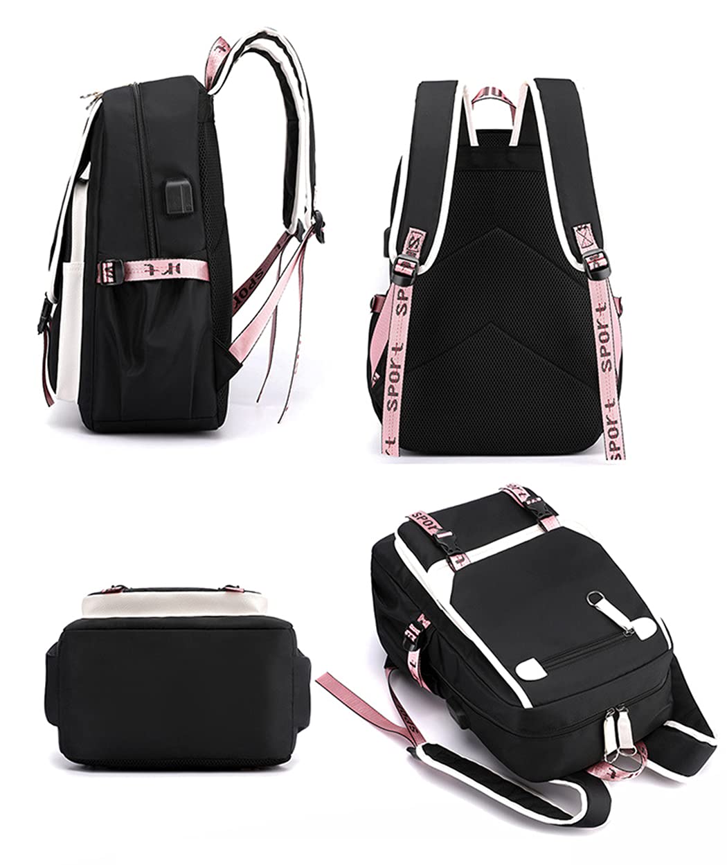 SellerFun Teenage girls' Backpack Middle School Students Bookbag Outdoor Daypack With USB charge Port (4# White Black, 21 Liters)