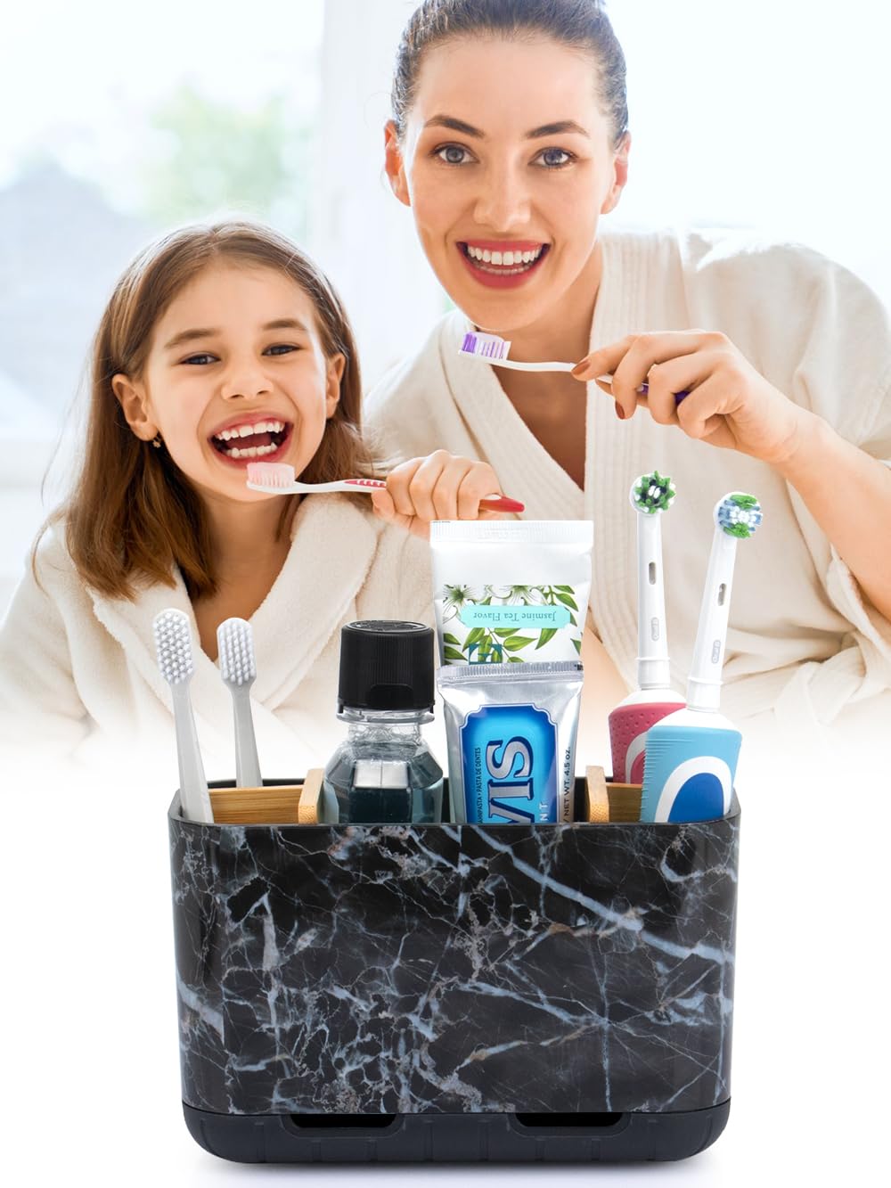 GFWARE Marble Toothbrush Holders, 5 Slots Bamboo Toothbrush and Toothpaste Holder for Bathroom Counter with Drainage, Kids Electric Toothbrush Organizer, Black Toothbrush Holders for Bathrooms