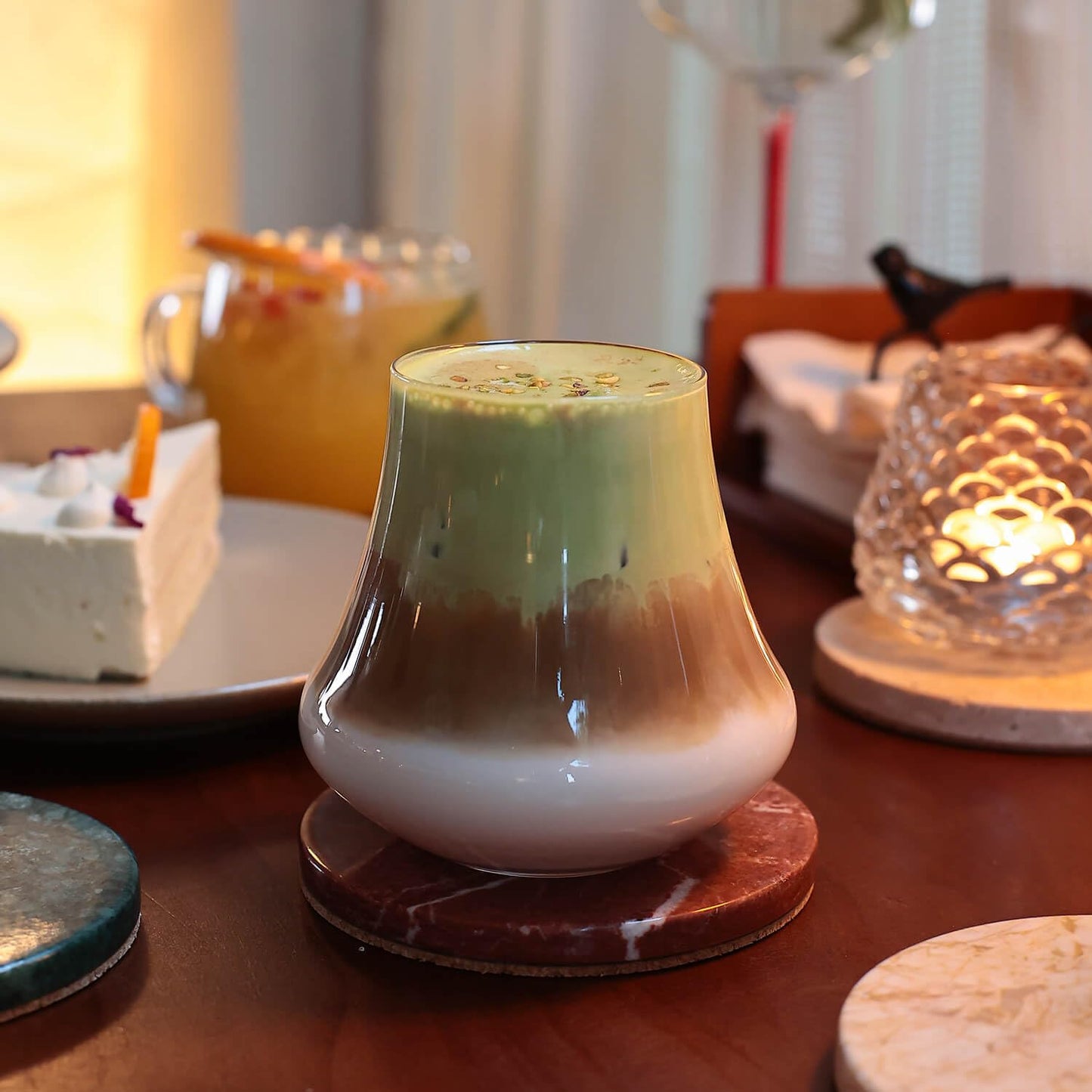 JIMEI Natural Travertine Marble Coaster Set of 4-4 Inch Round Handmade Stone Drink Coasters, Absorbent & Non-Slip Cork Backing