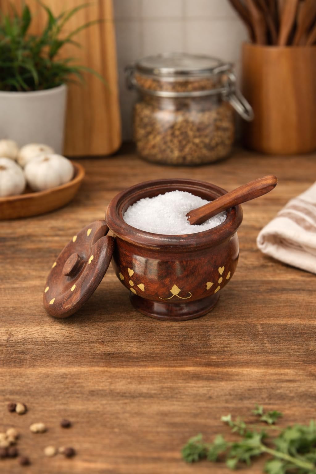 Woodensure Wood Spice Cellars Box with Lid for Kitchen, Countertop, Round Storage Box for Spices, Salt cellar, Salt Box, Salt Container, Salt Storage