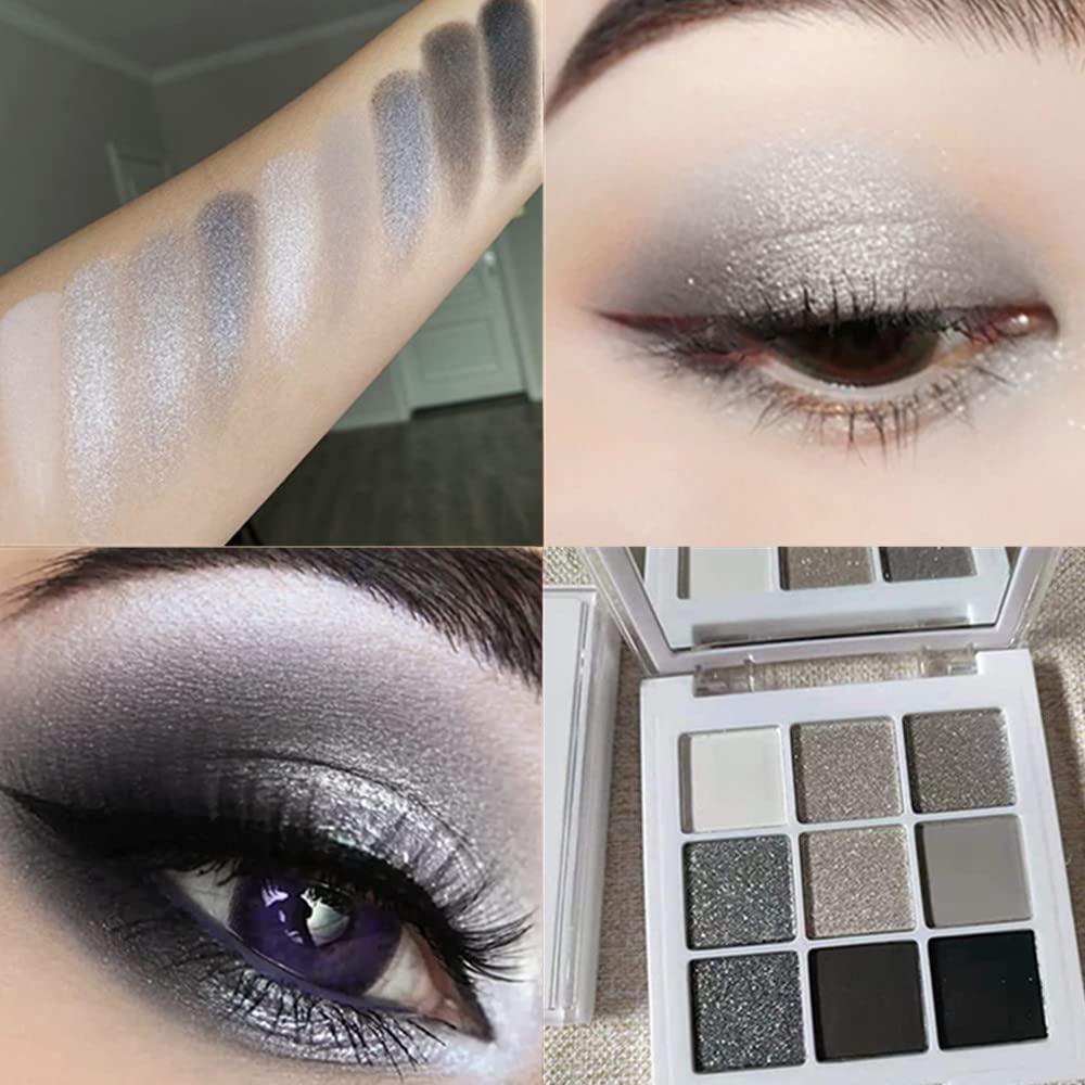 Go Ho Black Grey Silver Smoky Eyeshadow Palette,9 Colors Matte&Shimmer Eye Makeup Palette,Goth Eye Shadow Pallets for Women,Waterproof Cool Eye Shadow Palette Makeup with Prism Mirror