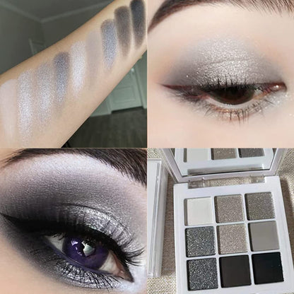 Go Ho Black Grey Silver Smoky Eyeshadow Palette,9 Colors Matte&Shimmer Eye Makeup Palette,Goth Eye Shadow Pallets for Women,Waterproof Cool Eye Shadow Palette Makeup with Prism Mirror