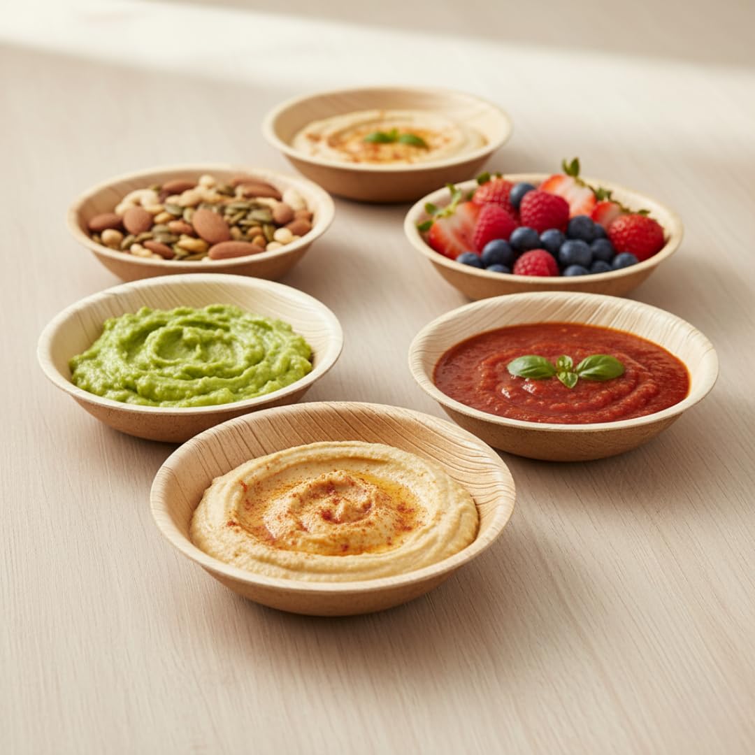 Charity Leaf Disposable Palm Leaf 2.5" Round Mini Bowl (25 pcs) Dipping Bowls | Bamboo Like| All Natural and Biodegradable | Charcuterie Boards, BBQs, and Parties