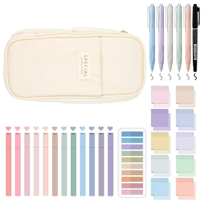 Jutom 39 Pcs Aesthetic Book Annotation Kit Highlighter with Pencil Case Bag Gel Pen Transparent Sticky Note Taking Bible Study College School Supplies(Cream,Cute Style)