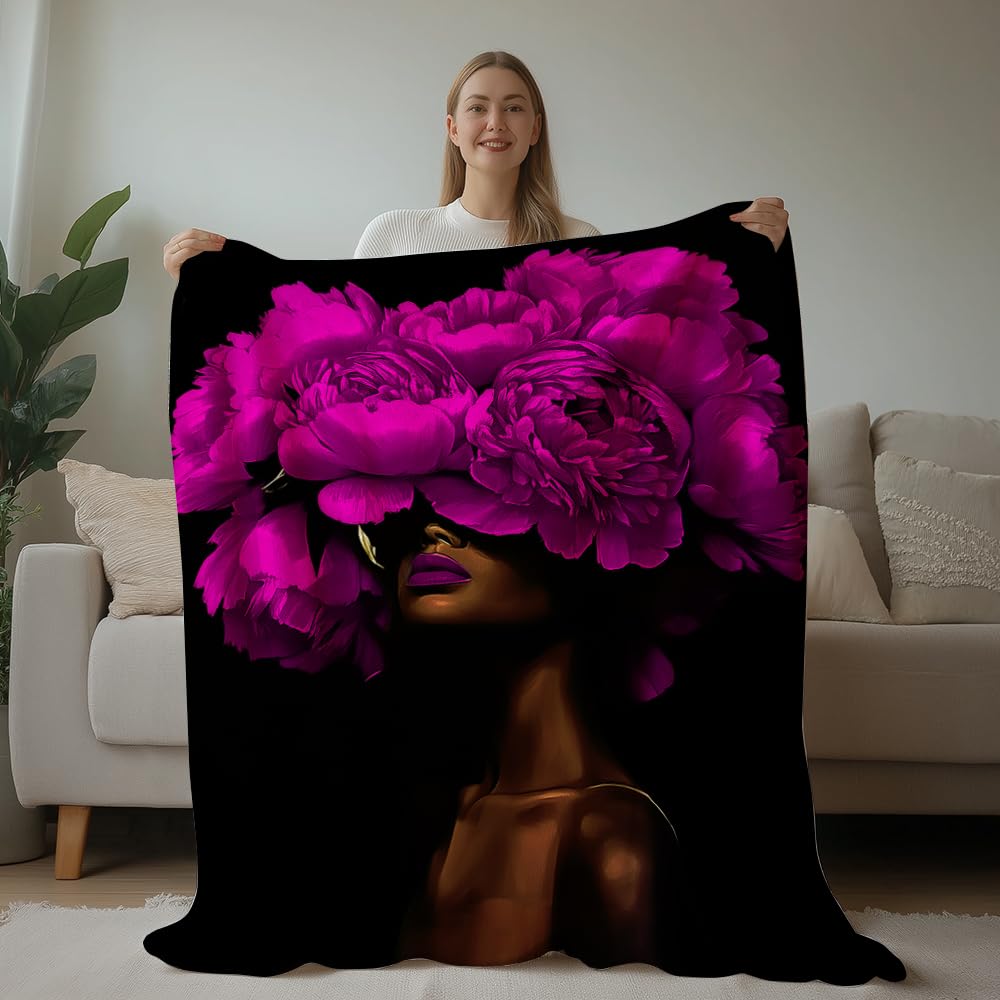 HUNXIAOJ African American Throw Blanket Black Girls Print Blanket African American Gifts for Women Warm Soft Flannel for Girls Boys Women Teens Adults Bed Sofa Couch (50 in x 60 in)