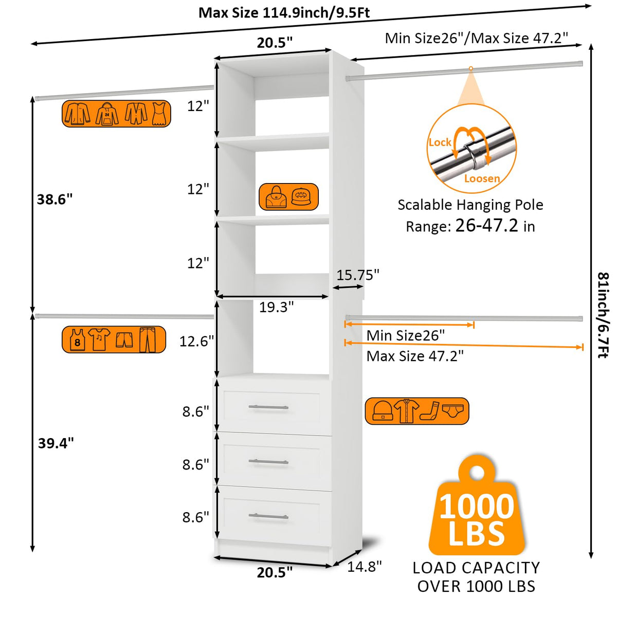 Closet System, 5FT-8FT Closet Organizer System with 3 Wooden Drawers, 99" Walk In Closet Organizer and Storage with 4 Expandable Hanging Rods, Wall Mount, White