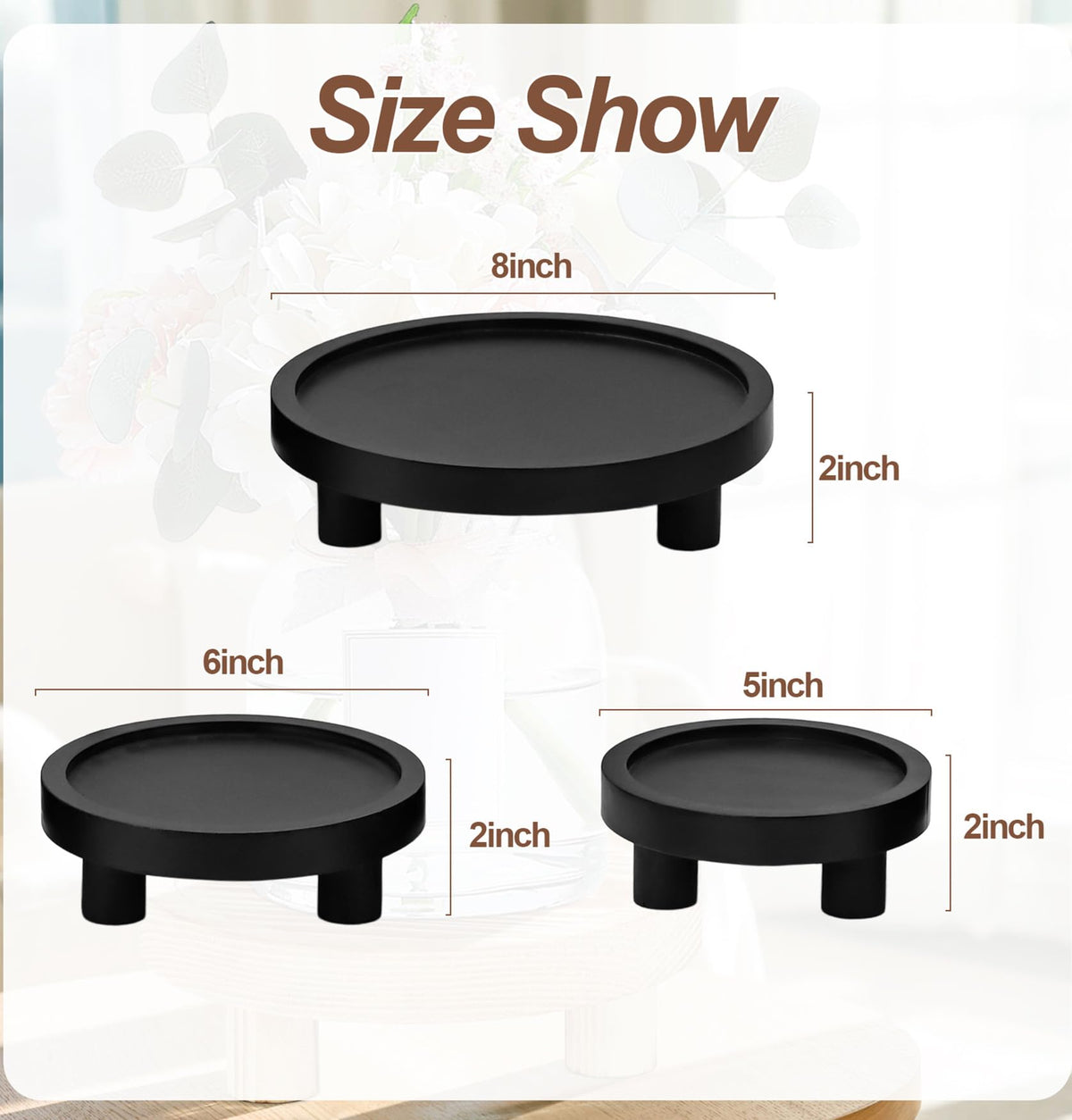 3 Pcs Wood Plant Stand Indoor Outdoor, Wooden Stool Display Stand 5/6/8" Round Riser Flower Pot Holder with Raised Edge Small Planter Tray Modern Potter Decorative for Garden Desktop Home Table Counter Room (Black)