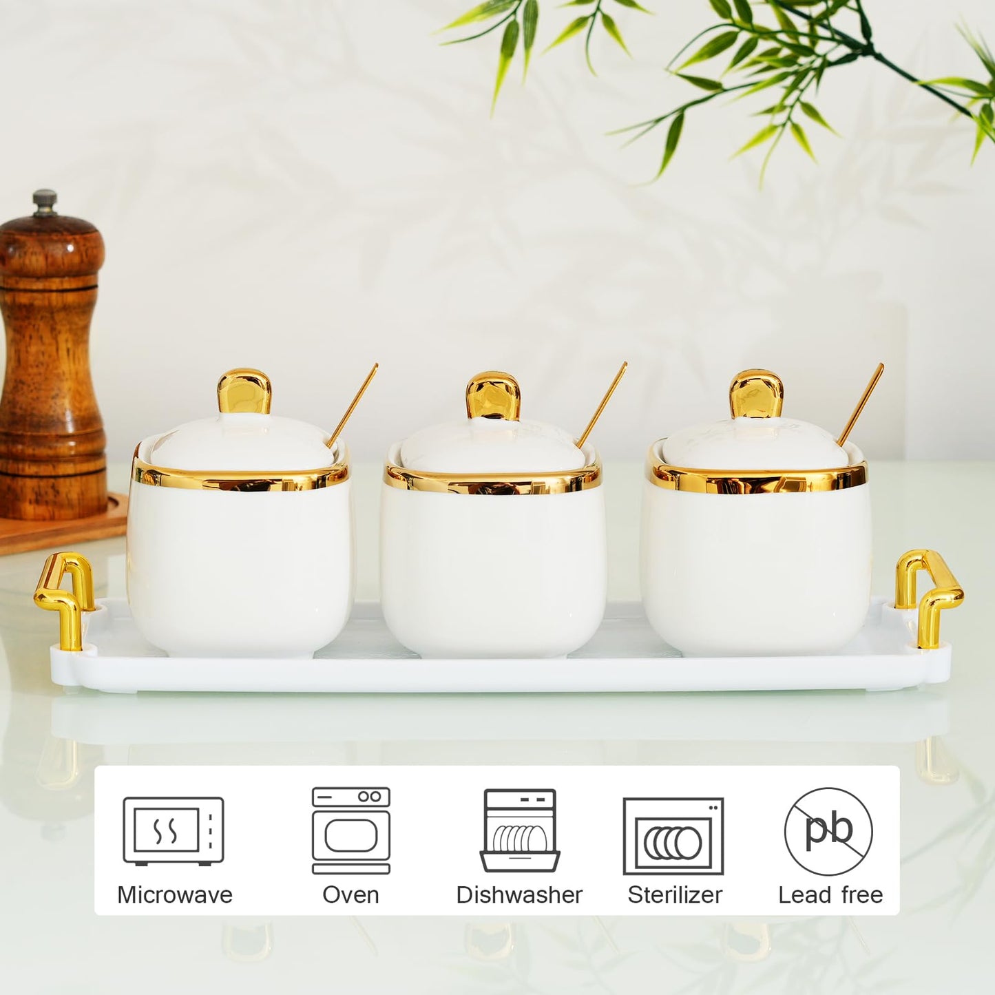 EABOSON 3 Pack Gold Condiment Spice Jars with Lids, Spoons, Tray - Ceramic Seasoning Box Set for Salt, Pepper, Sugar - Kitchen Storage