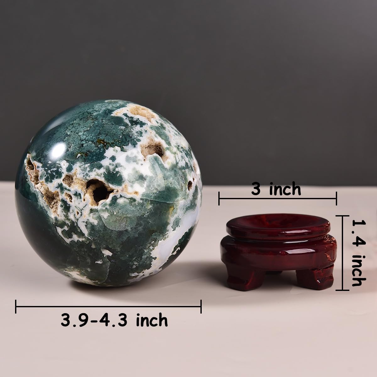 MOGEMT Large Moss Agate Crystal Sphere Natural Healing Crystal Ball with Stand Meditation Decorative Balls Home Decor 100-110mm/3.9-4.3"