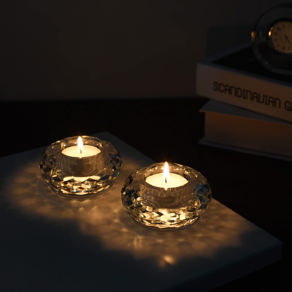 Kitcom Crystal Tealight Candle Holders Pack of 2, Hand-Cut Candle Holder Home Decor for Wedding Banquet Dinner 3.2" Diameter x 1.6" High, Clear