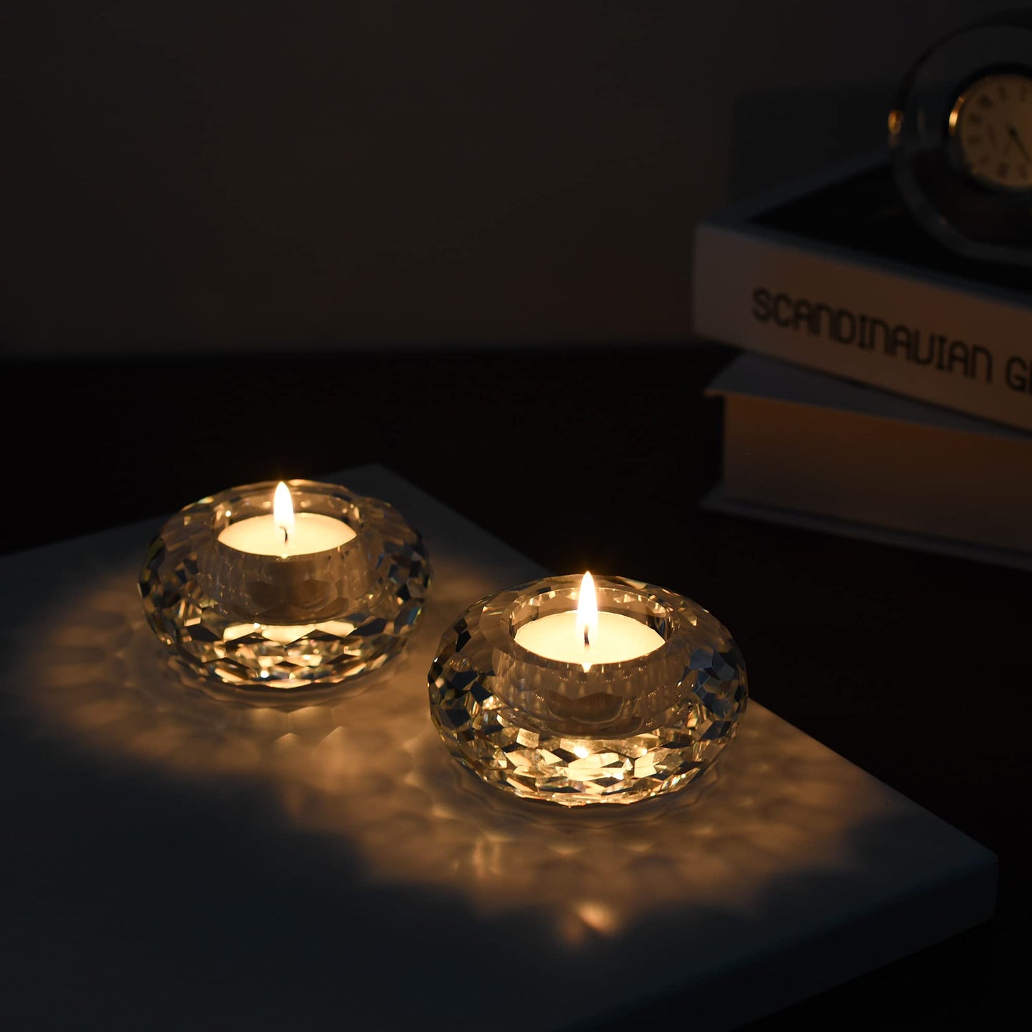Kitcom Crystal Tealight Candle Holders Pack of 2, Hand-Cut Candle Holder Home Decor for Wedding Banquet Dinner 3.2" Diameter x 1.6" High, Clear