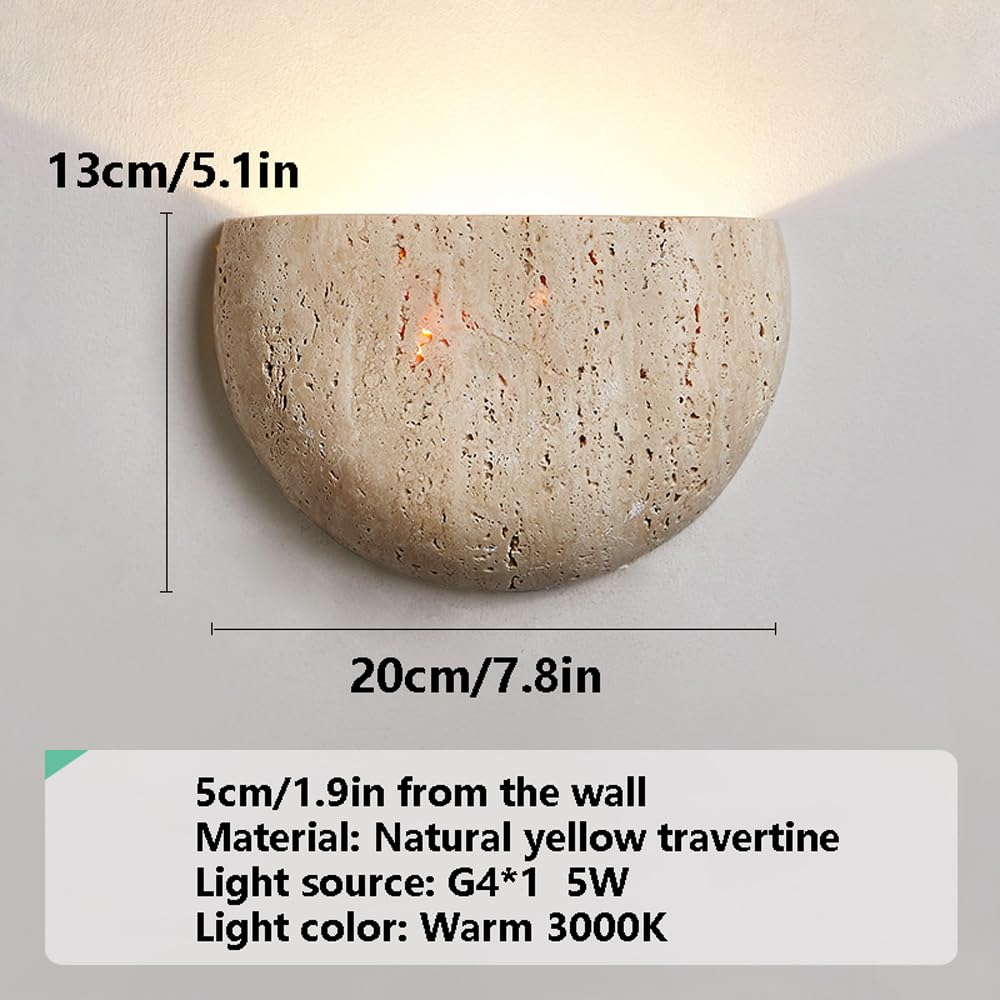 ZHUXMF Semi Circle Yellow Travertine Wall Lamp Japanese Style Wabi-Sabi Art Lighting Fixture Half Moon Marble Wall Sconce Natural Stone Bedside Wall Light For Foyer Bedroom Stairs