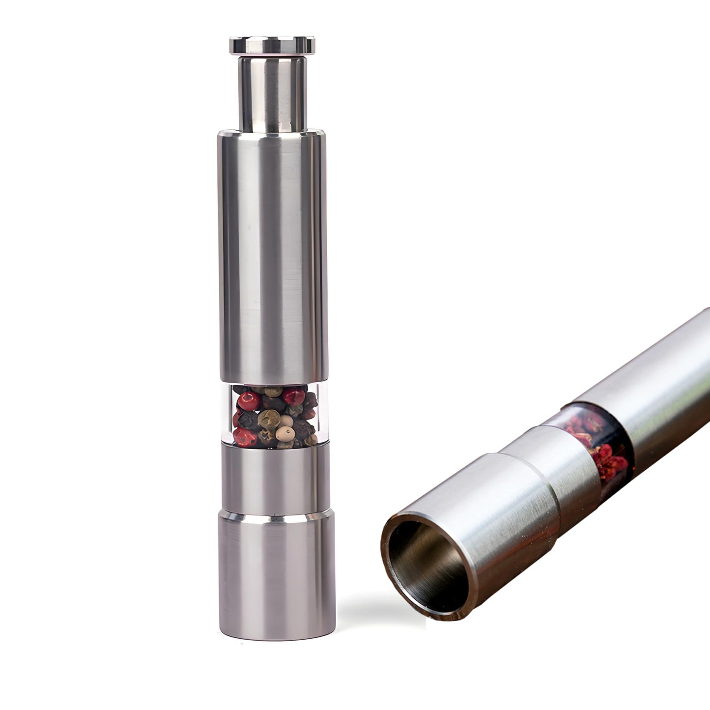 LntJoQxbm Push button salt and pepper grinder, One handed seasoning spice mill gadgets, 1 Pcs or Buy more, Solid stainless, silver
