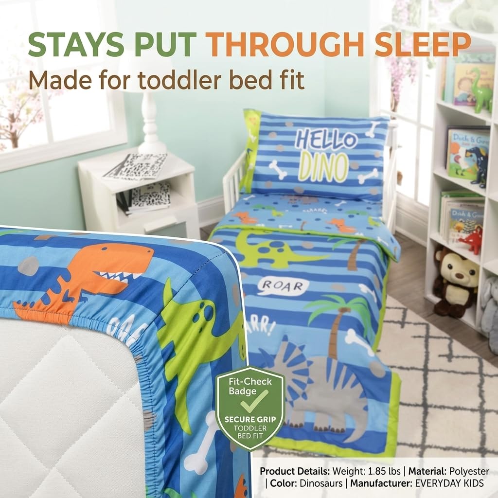 EVERYDAY KIDS 4 Piece Toddler Bedding Set – Roaring Dinosaurs - Includes Comforter, Flat Sheet, Fitted Sheet and Reversible Pillowcase – Boys Toddler Bedding
