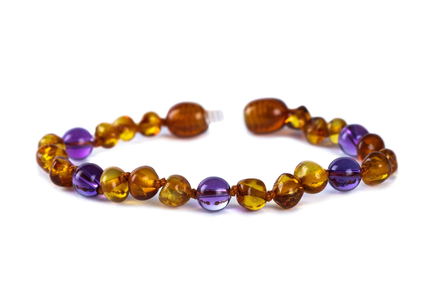 Baby J's - Cognac and Amethyst Coloured Bracelet/Anklet - Premium Amber Bracelet - Handcrafted with 100% Baltic Amber - Fitted with a Safety Screw Clasp - Knotted to Prevent Scattering - 14cm
